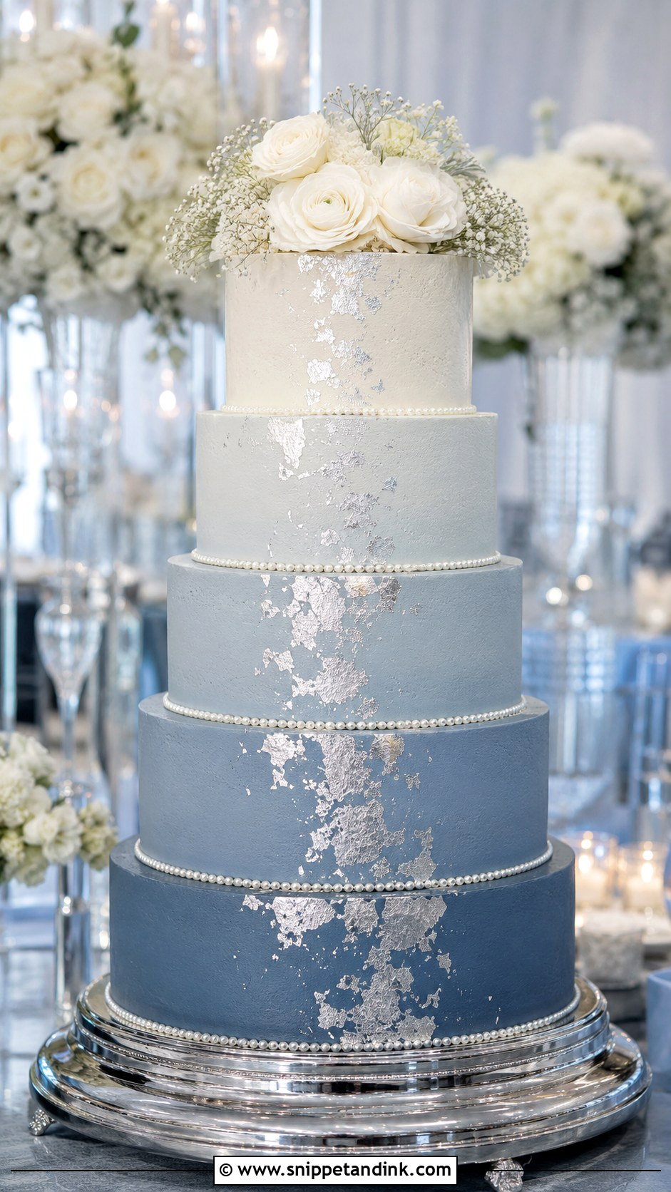 Dusty Blue Ombre Wedding Cake With Silver - Snippet and Ink - 20 Dusty Blue Ombre Wedding Cake Ideas