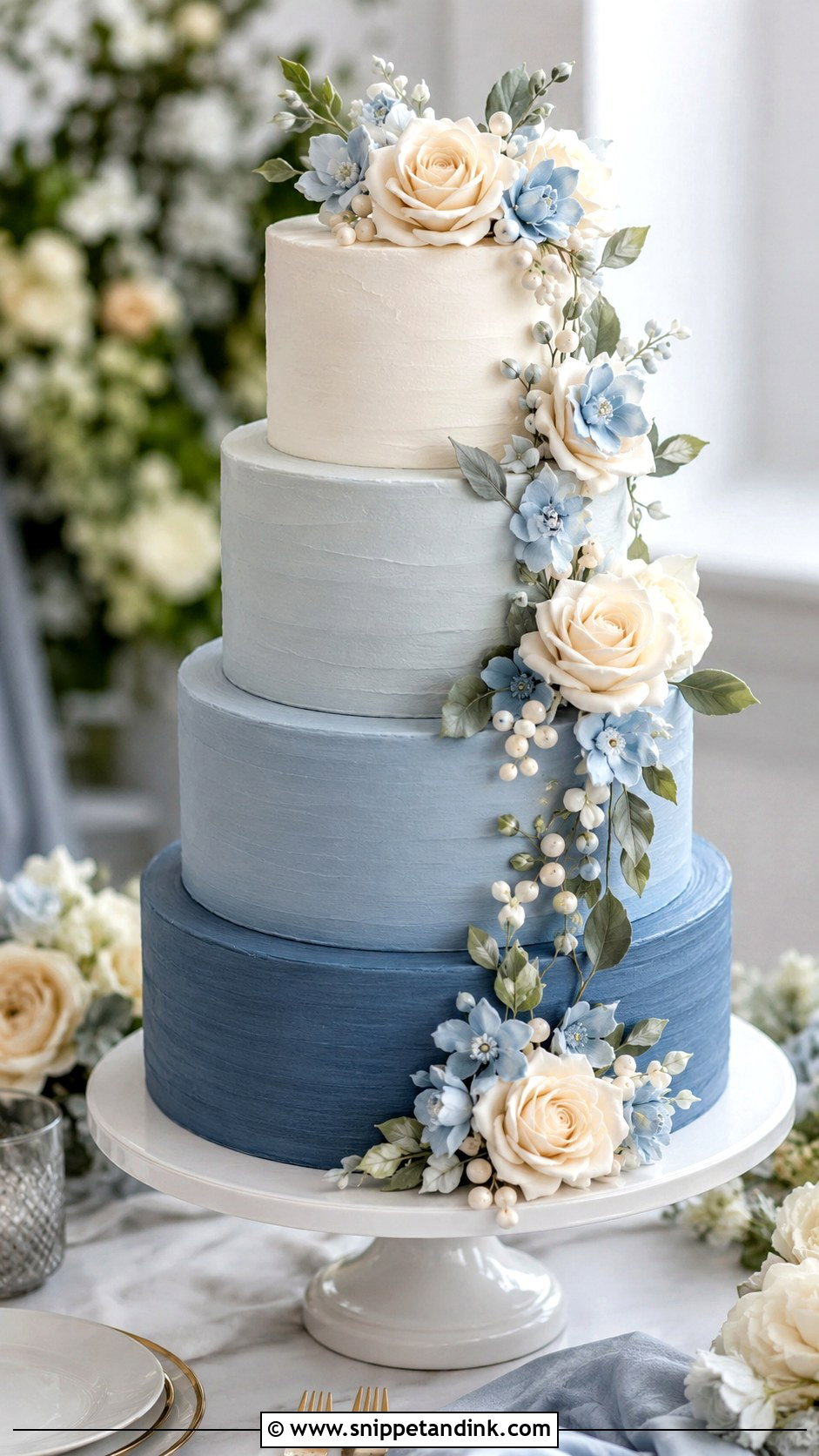 Dusty Blue Ombre Wedding Cake With Sugar Flowers - Snippet and Ink - 20 Dusty Blue Ombre Wedding Cake Ideas