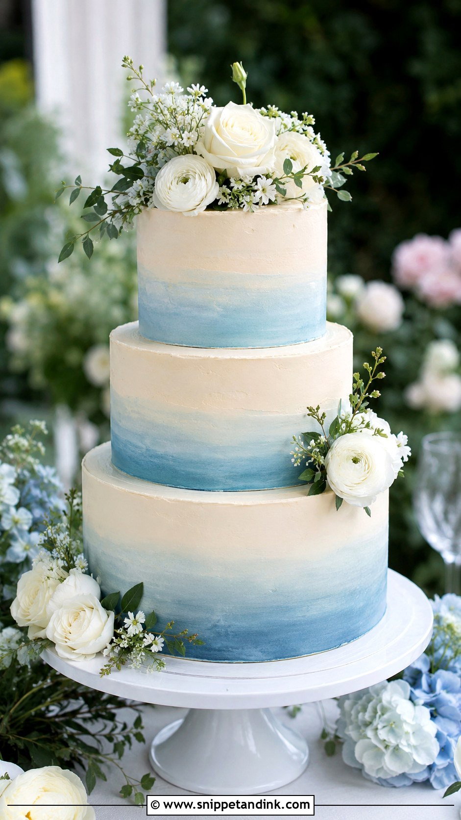 Dusty Blue Ombre Wedding Cake With White Flowers - Snippet and Ink - 20 Dusty Blue Ombre Wedding Cake Ideas
