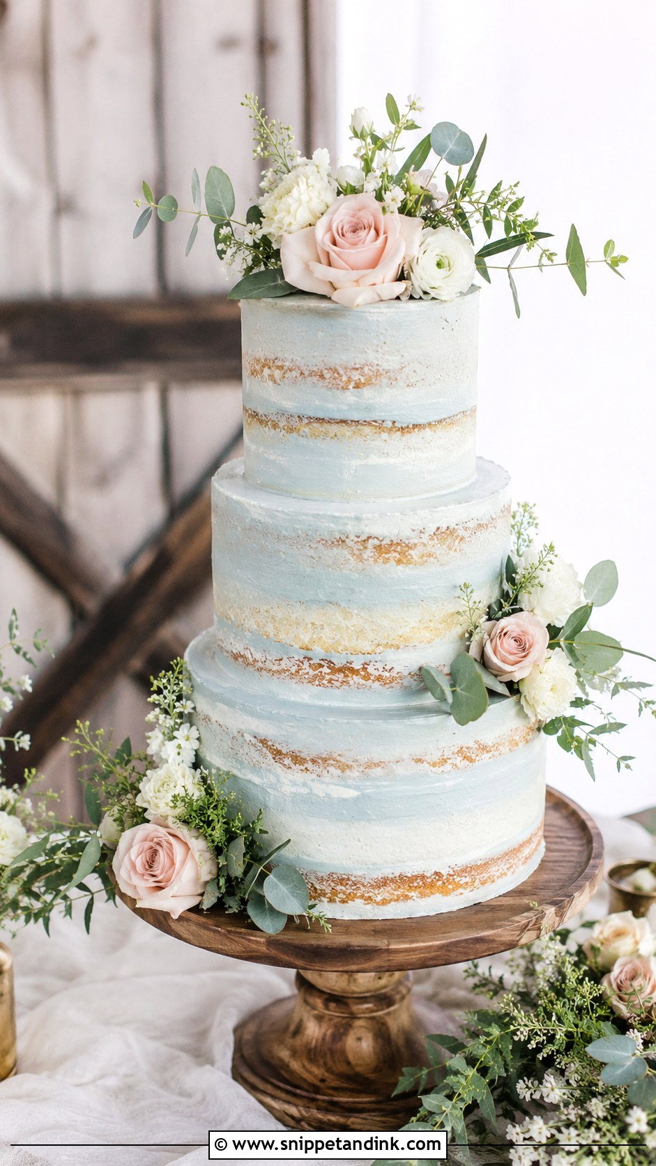 Dusty Blue Semi Naked Wedding Cake - Snippet and Ink - 25 Dusty Blue and Blush Pink Wedding Cake Ideas