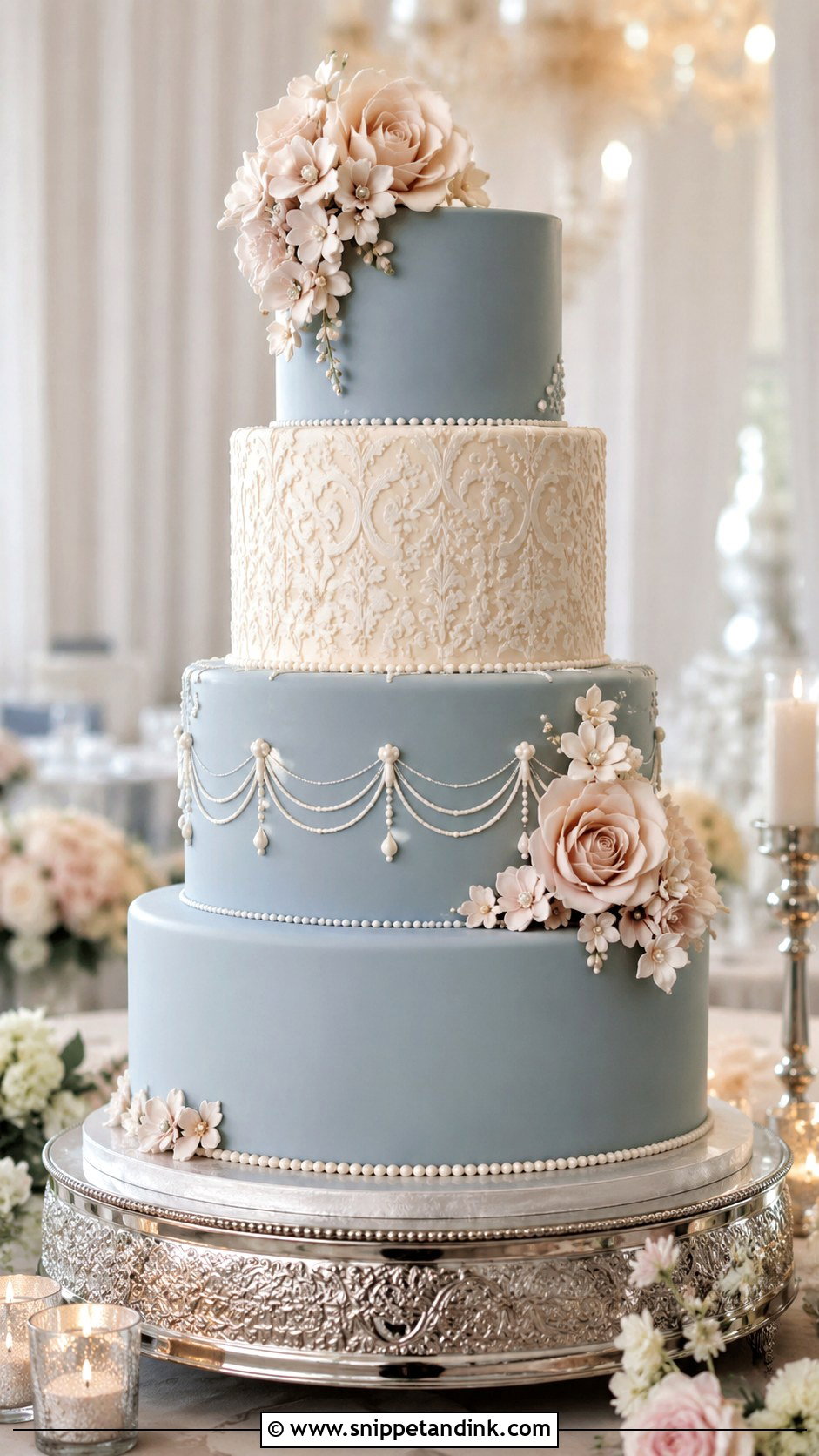 Dusty Blue Vintage Wedding Cake - Snippet and Ink - 25 Dusty Blue and Blush Pink Wedding Cake Ideas