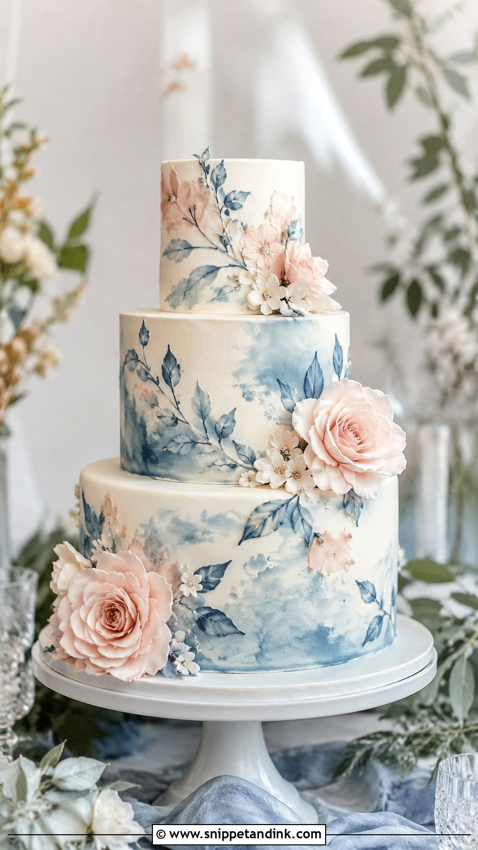 Dusty Blue Watercolor Wedding Cake - Snippet and Ink - 25 Dusty Blue and Blush Pink Wedding Cake Ideas