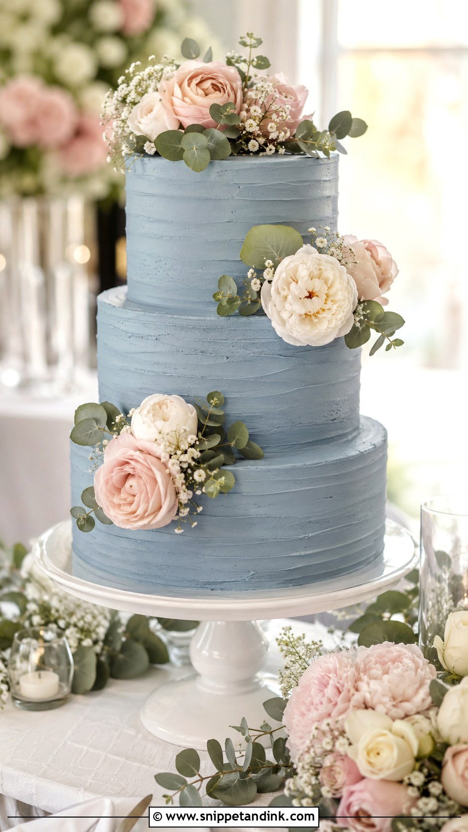 Dusty Blue Wedding Cake With Blush Flowers - Snippet and Ink - 25 Dusty Blue and Blush Pink Wedding Cake Ideas