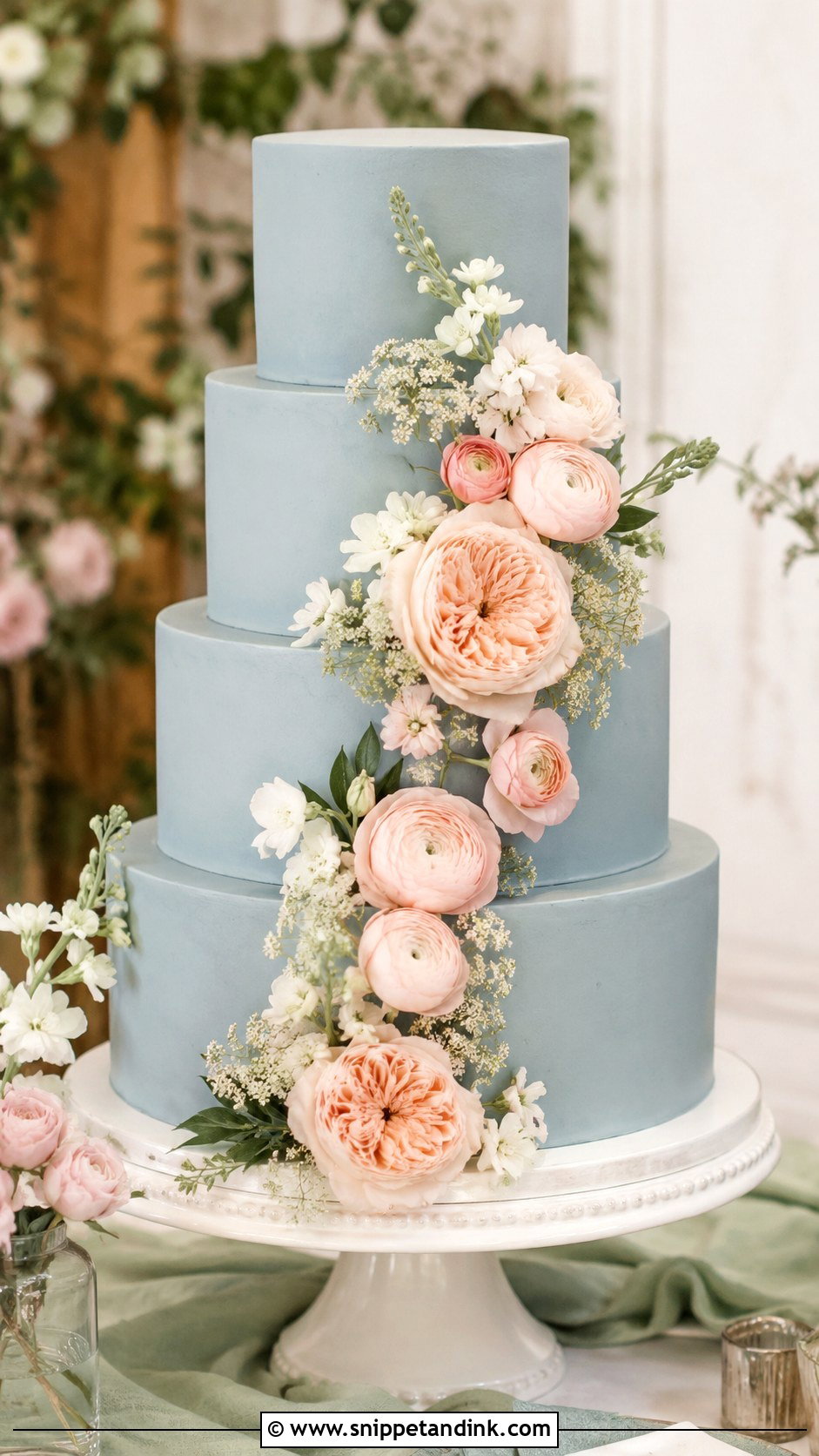 Dusty Blue Wedding Cake With Blush Flowers - Snippet and Ink - 20 Dusty Blue Wedding Cake Ideas
