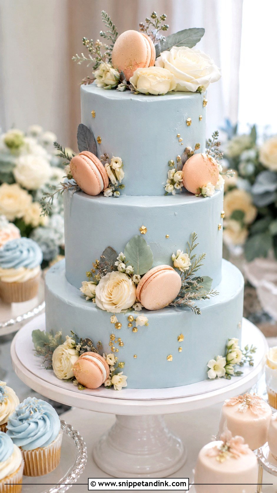Dusty Blue Wedding Cake With Blush Macarons - Snippet and Ink - 25 Dusty Blue and Blush Pink Wedding Cake Ideas