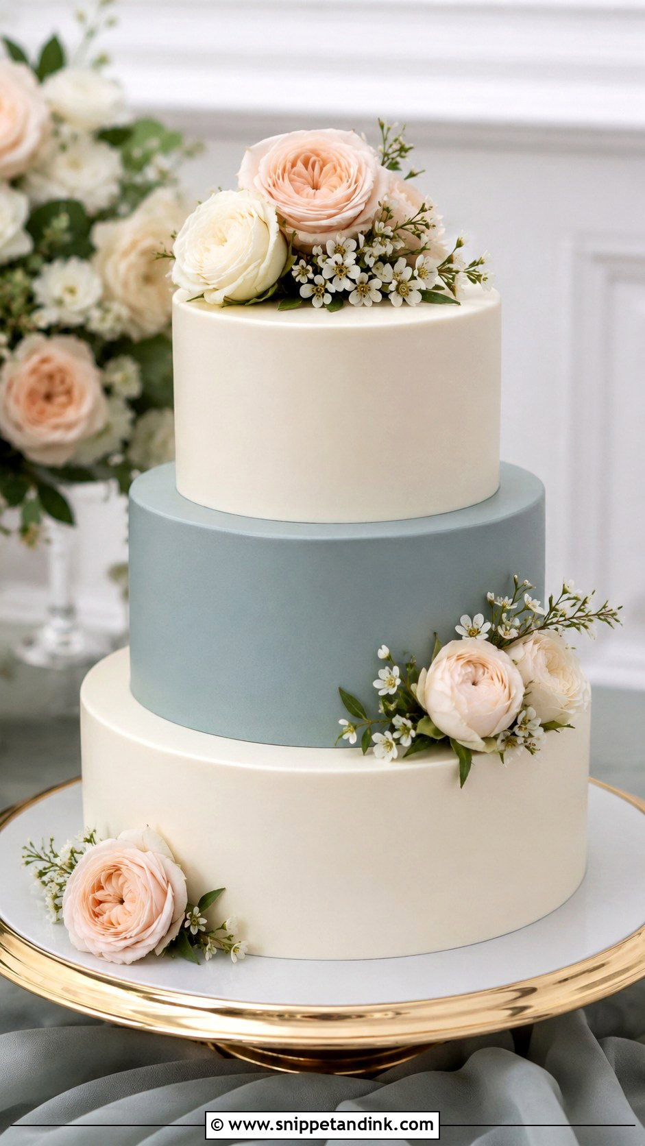 Dusty Blue Wedding Cake With Blush Roses - Snippet and Ink - 25 Blush and Blue Wedding Cake Ideas