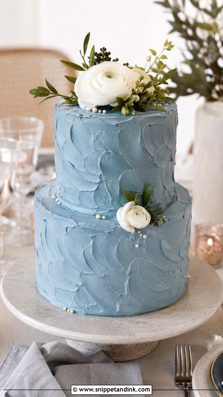 Dusty Blue Wedding Cake With Buttercream Texture - Snippet and Ink - 20 Dusty Blue Wedding Cake Ideas