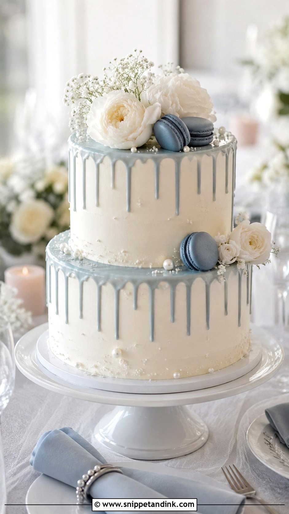 Dusty Blue Wedding Cake With Drip - Snippet and Ink - 20 Dusty Blue Wedding Cake Ideas