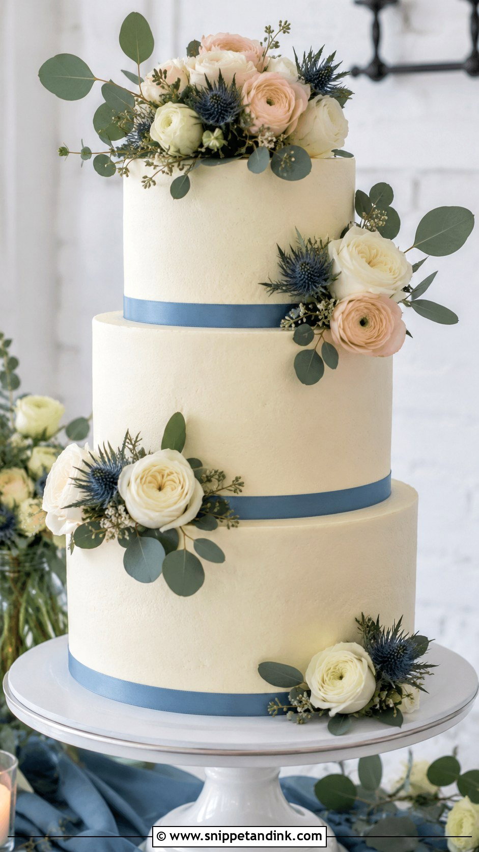 Dusty Blue Wedding Cake With Fresh Flowers - Snippet and Ink - 20 Dusty Blue Wedding Cake Ideas