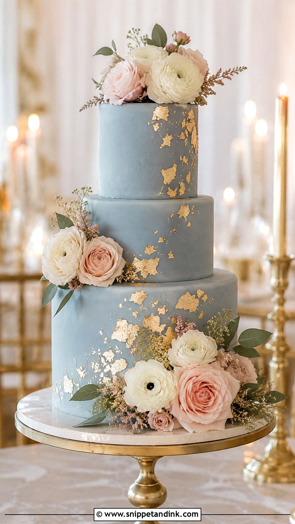 Dusty Blue Wedding Cake With Gold Leaf - Snippet and Ink - 25 Dusty Blue and Blush Pink Wedding Cake Ideas