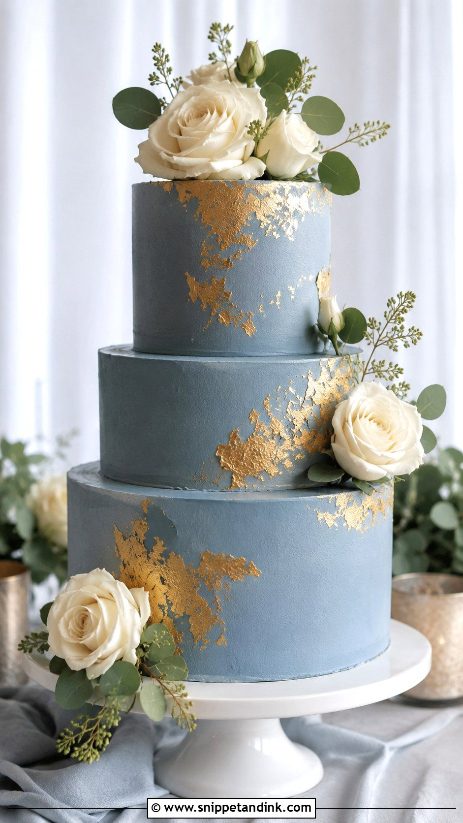 Dusty Blue Wedding Cake With Gold Leaf - Snippet and Ink - 20 Blue Wedding Cake Ideas