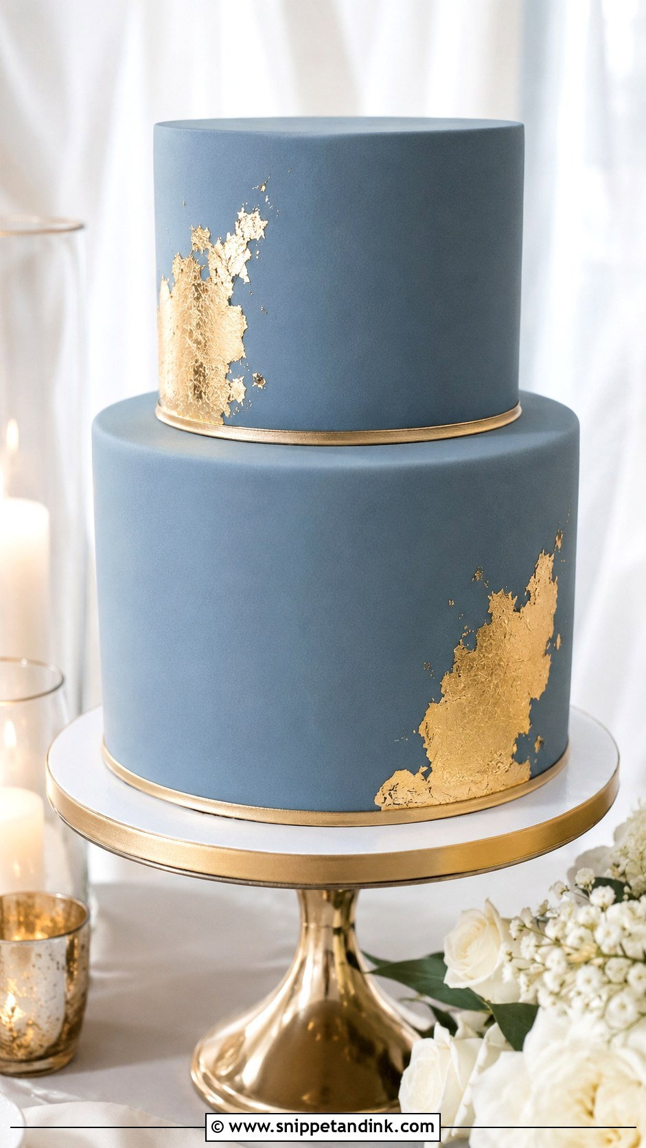 Dusty Blue Wedding Cake With Gold - Snippet and Ink - 20 Dusty Blue Wedding Cake Ideas