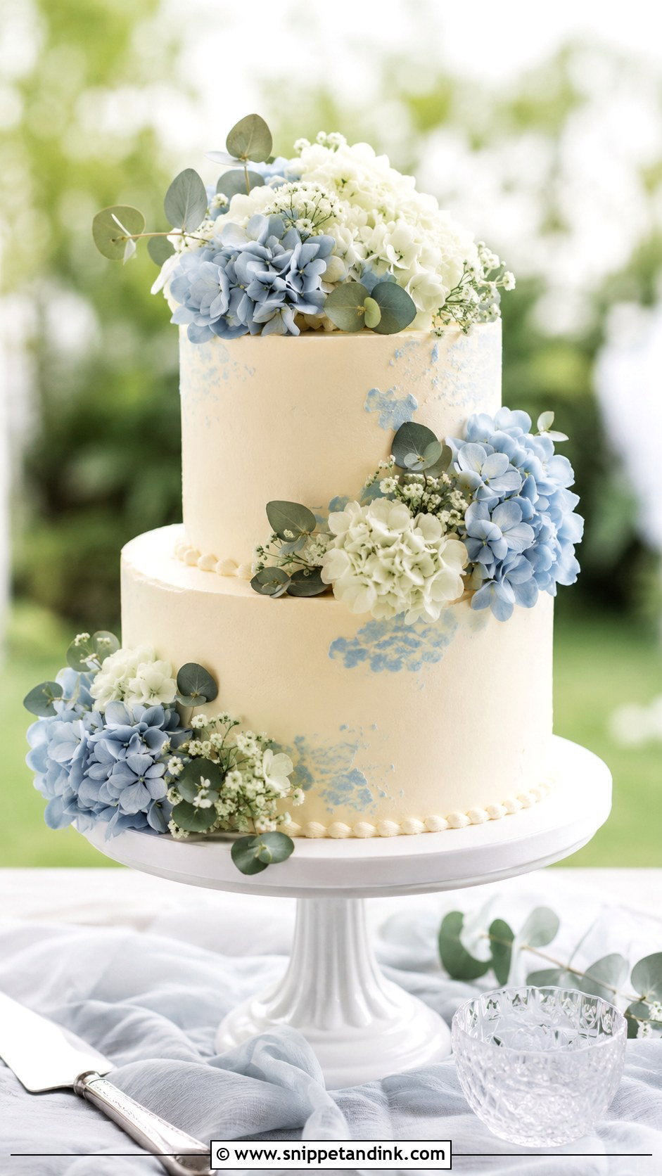 Dusty Blue Wedding Cake With Hydrangeas - Snippet and Ink - 20 Dusty Blue Wedding Cake Ideas