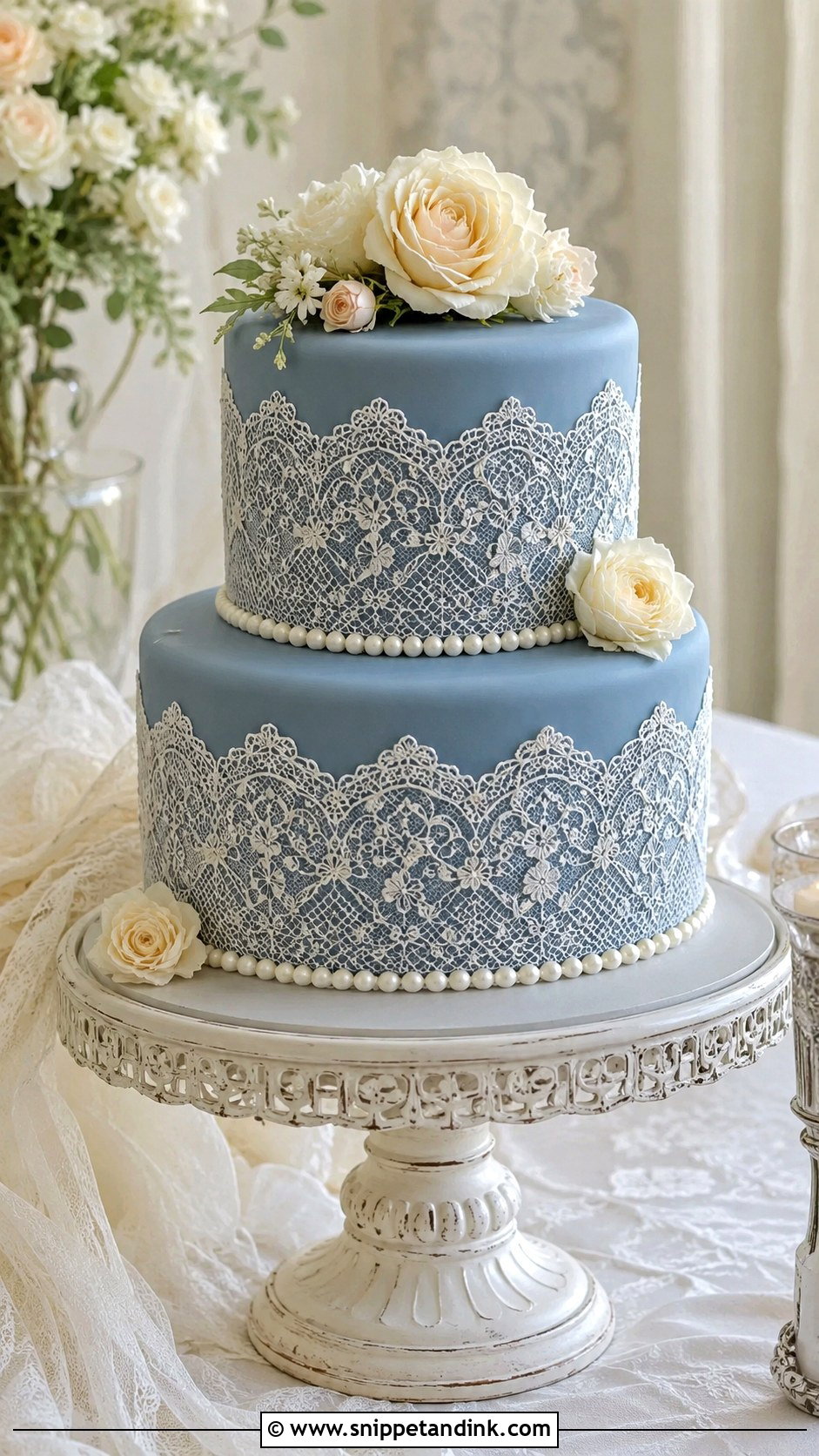 Dusty Blue Wedding Cake With Lace - Snippet and Ink - 20 Dusty Blue Wedding Cake Ideas