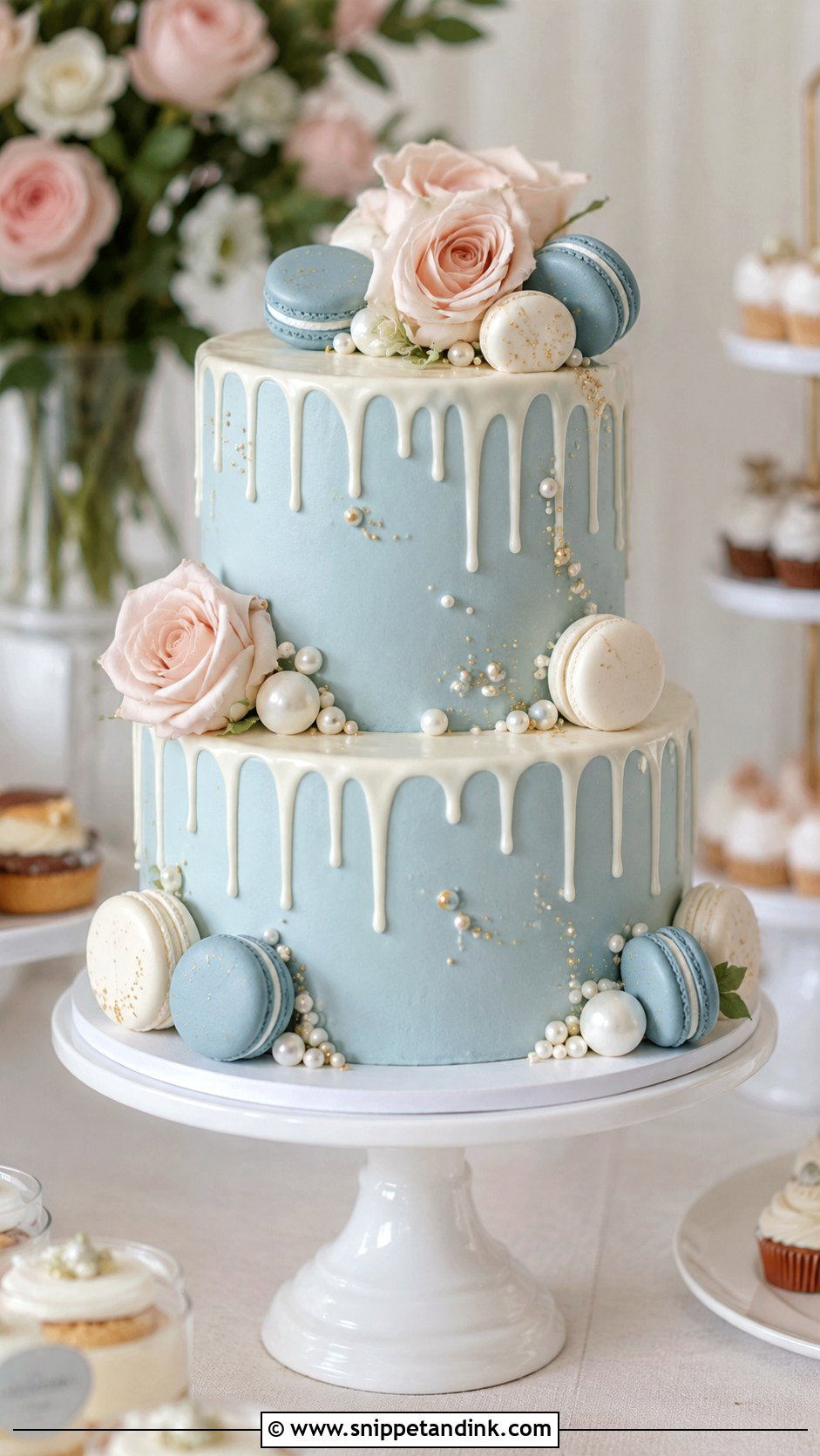 Dusty Blue Wedding Cake With Macarons - Snippet and Ink - 20 Dusty Blue Wedding Cake Ideas