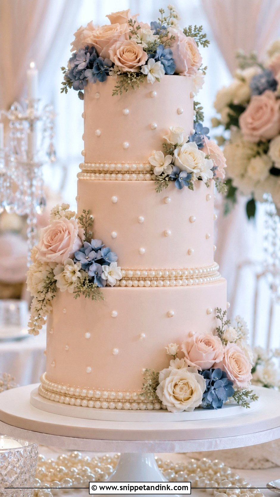 Dusty Blue Wedding Cake With Pearl Details - Snippet and Ink - 25 Dusty Blue and Blush Pink Wedding Cake Ideas