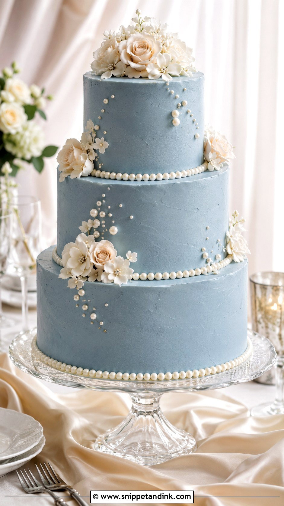 Dusty Blue Wedding Cake With Pearls - Snippet and Ink - 20 Dusty Blue Wedding Cake Ideas