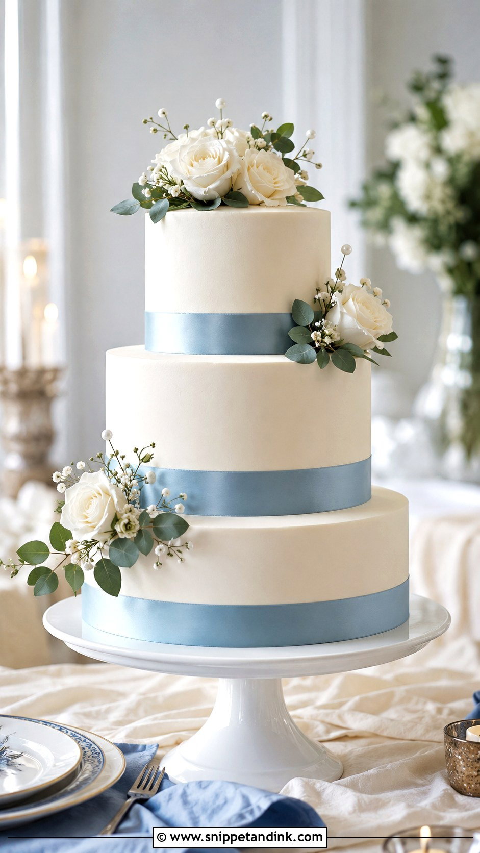 Dusty Blue Wedding Cake With Ribbon - Snippet and Ink - 20 Dusty Blue Wedding Cake Ideas