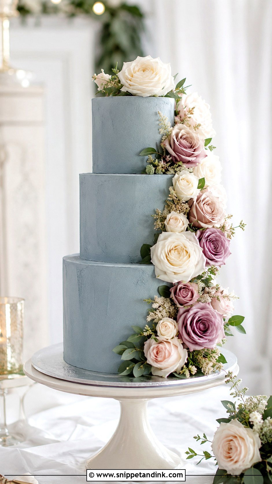 Dusty Blue Wedding Cake With Roses - Snippet and Ink - 20 Dusty Blue Wedding Cake Ideas