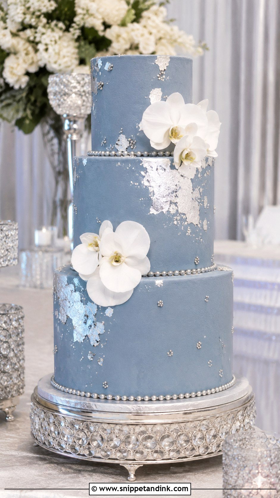 Dusty Blue Wedding Cake With Silver - Snippet and Ink - 20 Dusty Blue Wedding Cake Ideas