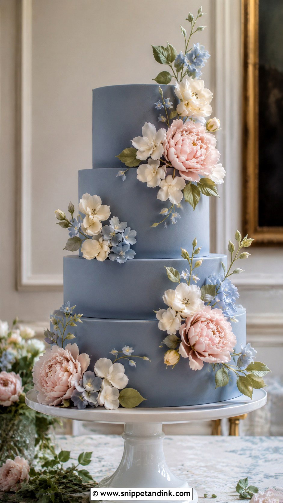 Dusty Blue Wedding Cake With Sugar Flowers - Snippet and Ink - 25 Dusty Blue and Blush Pink Wedding Cake Ideas