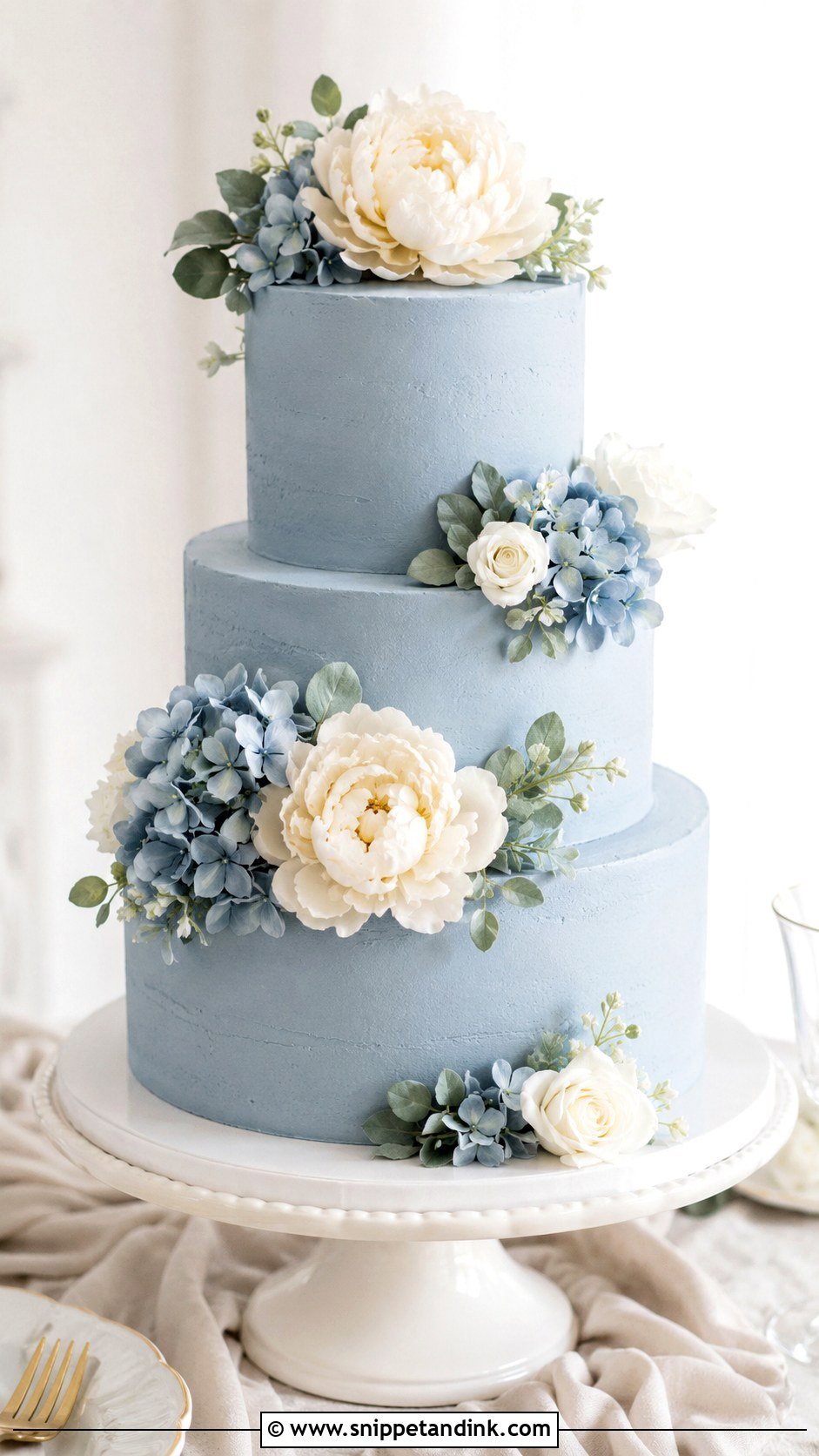 Dusty Blue Wedding Cake With Sugar Flowers - Snippet and Ink - 20 Dusty Blue Wedding Cake Ideas