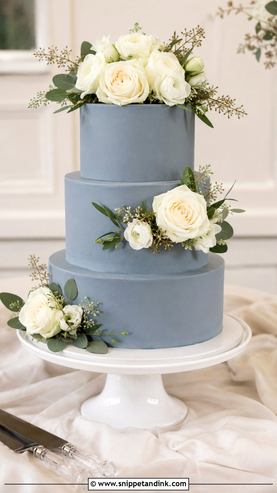 Dusty Blue Wedding Cake With White Flowers - Snippet and Ink - 20 Dusty Blue Wedding Cake Ideas