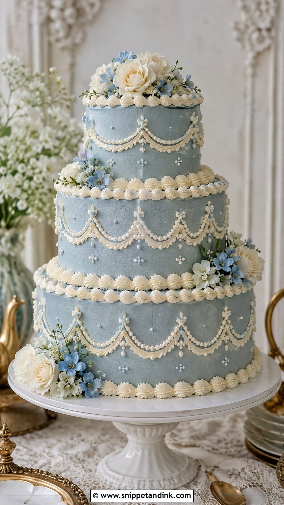 Dusty Blue Wedding Cake - Snippet and Ink - 20 White and Blue Vintage Cake Ideas for Wedding