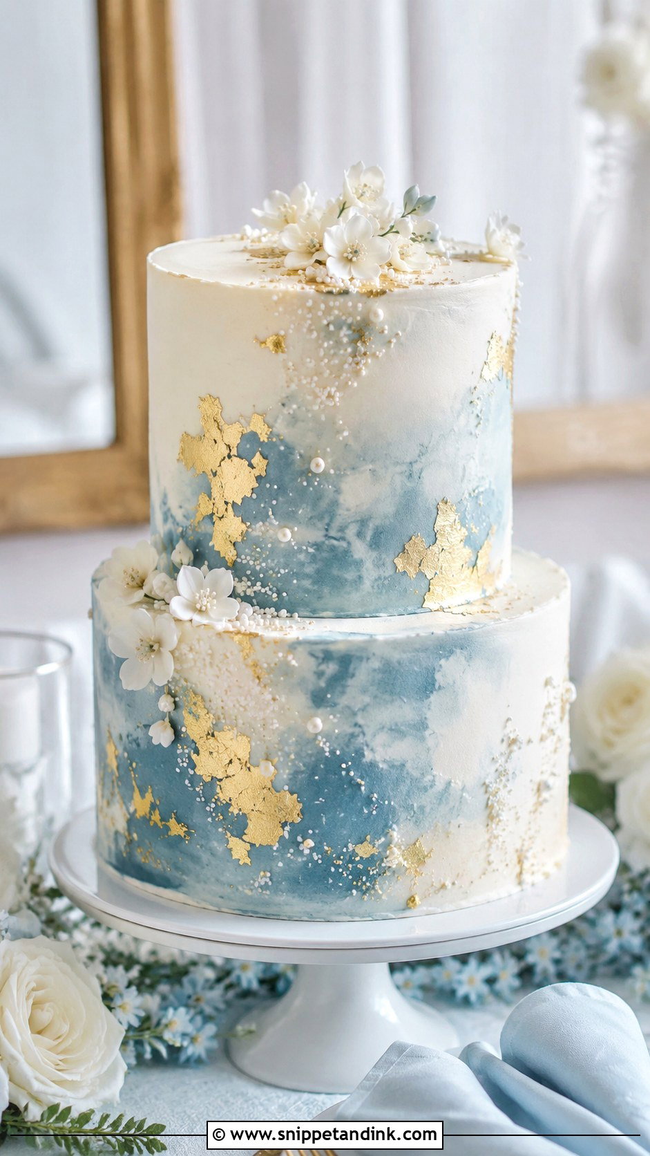 Dusty Blue White And Gold Wedding Cake - Snippet and Ink - 20 Blue White and Gold Cake Ideas for Wedding