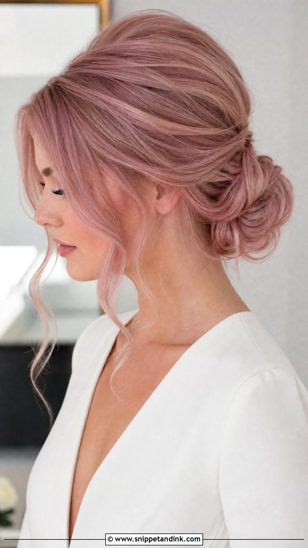 Dusty Pink Low Bun - Snippet and Ink - 20 Pink Hair Wedding Ideas