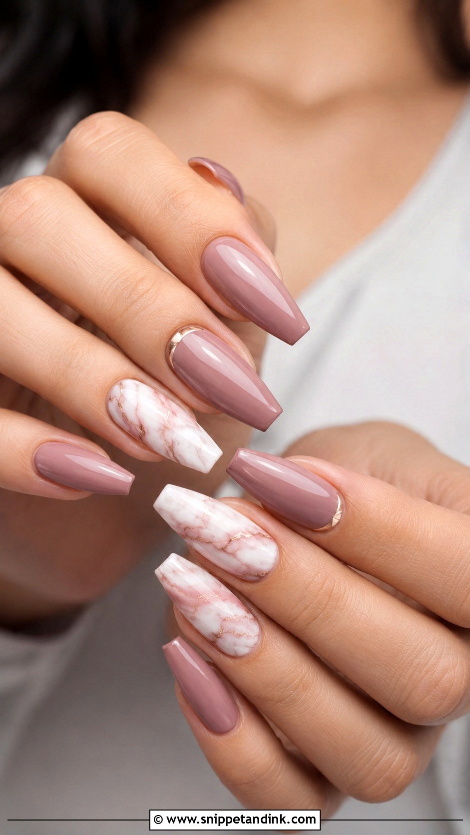 Dusty Rose Wedding Nails With Marble Accent Nails - Snippet and Ink - 20 Dusty Rose Wedding Nails