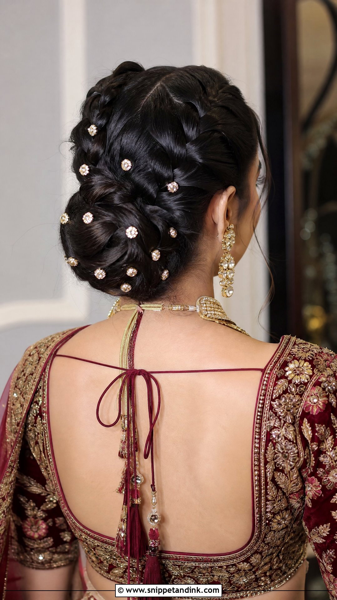 Dutch Braid Bun With Kundan Pins - Snippet and Ink - 20 Traditional Indian Wedding Hairstyles