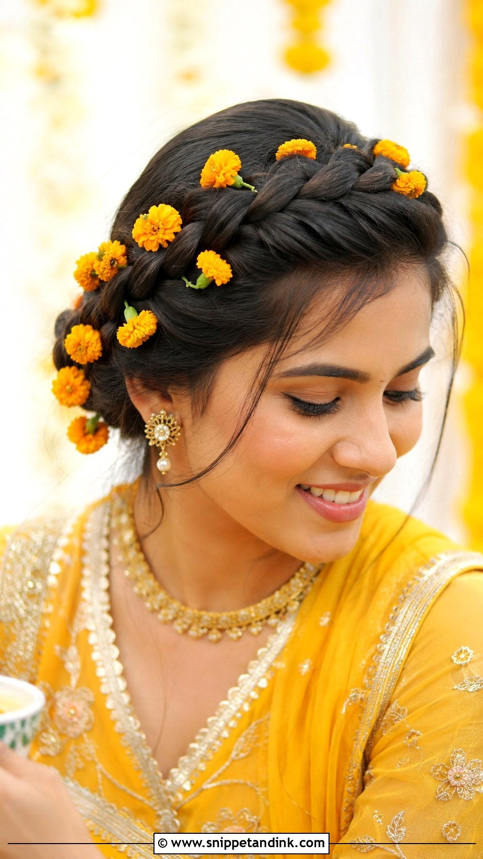 Dutch Braid Crown For Haldi - Snippet and Ink - 20 Desi Bridal Hair Ideas