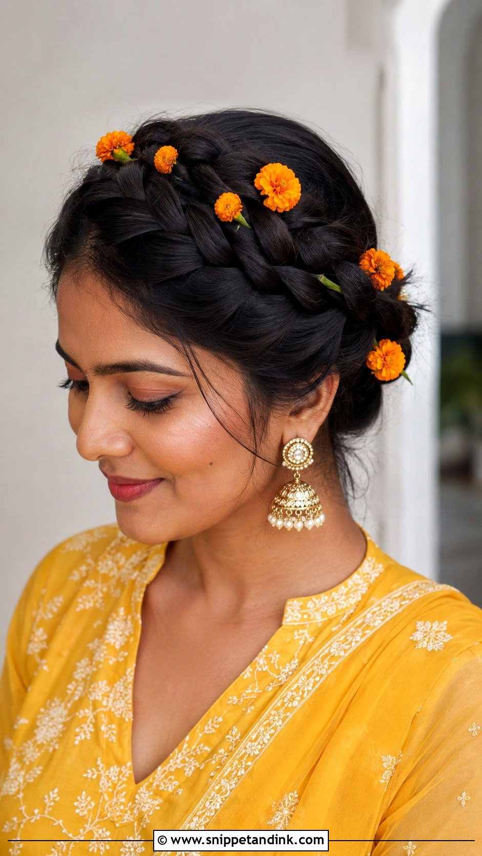 Dutch Braid Crown With Marigolds - Snippet and Ink - 20 Haldi Braid Hairstyles for Bride