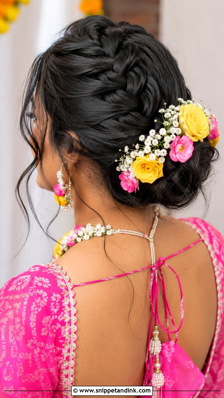 Dutch Braid Updo With Flowers - Snippet and Ink - 25 Indian Wedding Hairstyle for Chubby Face Ideas