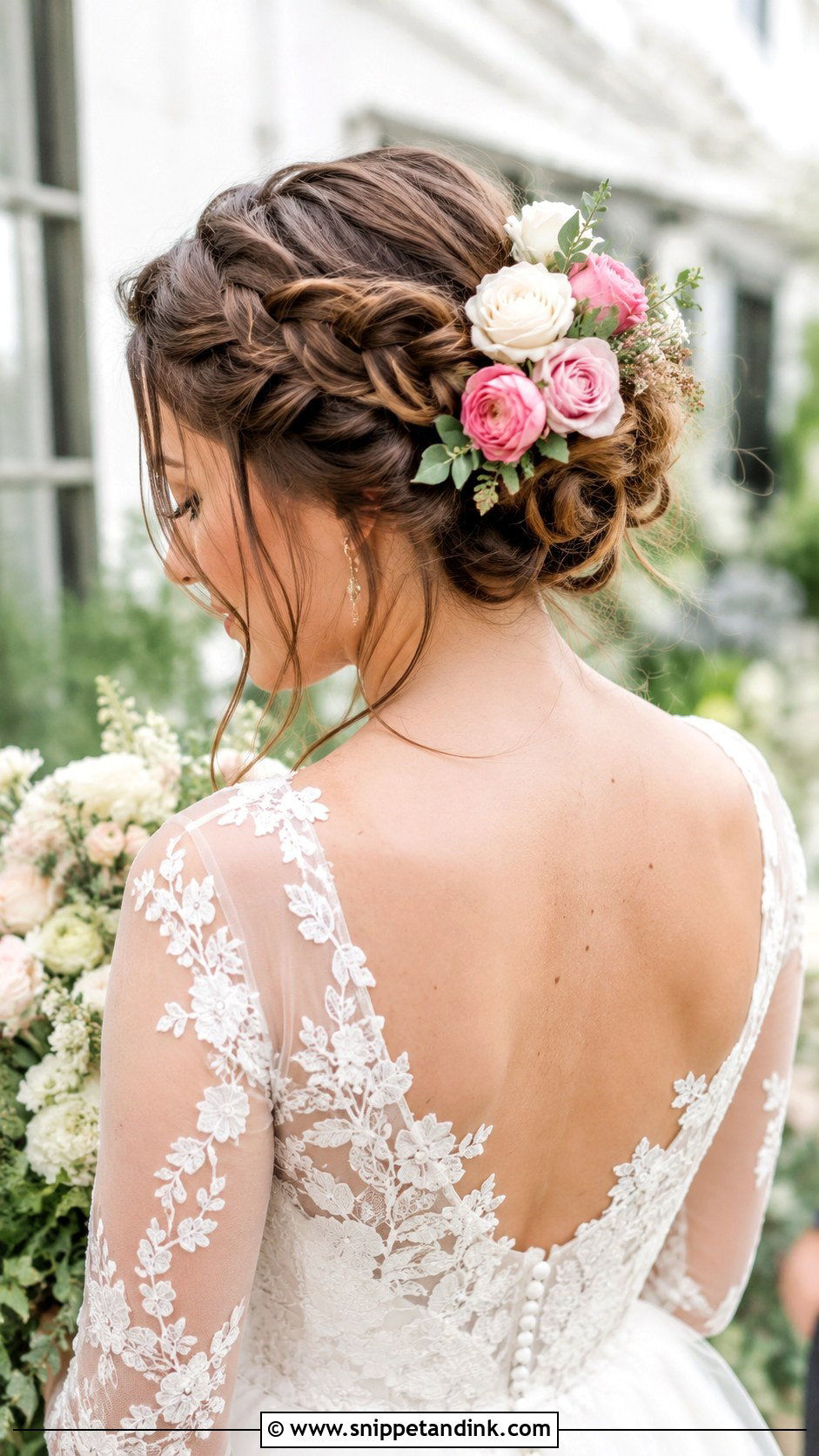 Dutch Braid Updo With Mixed Blooms - Snippet and Ink - 20 Wedding Hairstyles Flowers