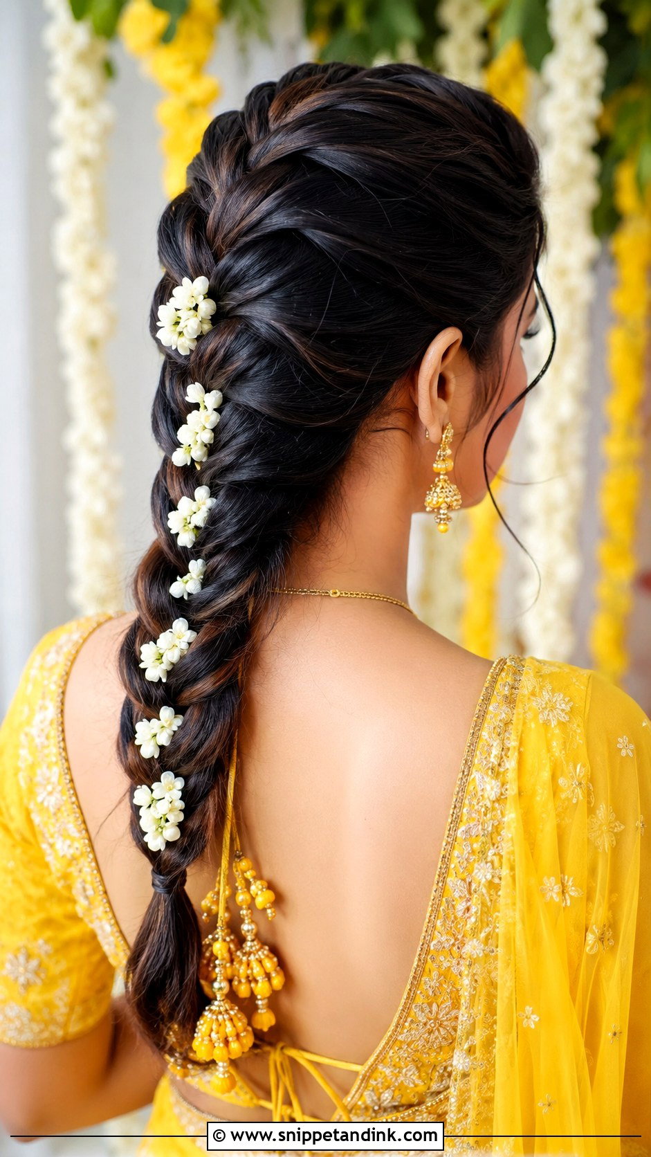 Dutch Braid With Floral Strings - Snippet and Ink - 20 Indian Bridal Hair Styling Ideas