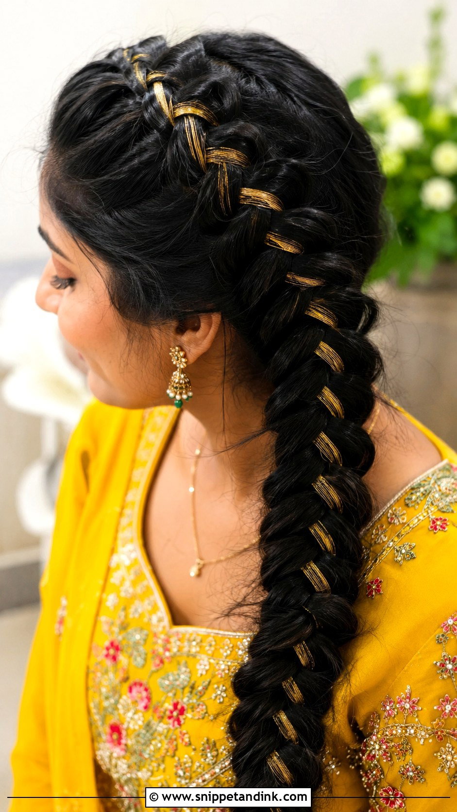 Dutch Braid With Gold Thread - Snippet and Ink - 20 Hairstyles for Desi Weddings