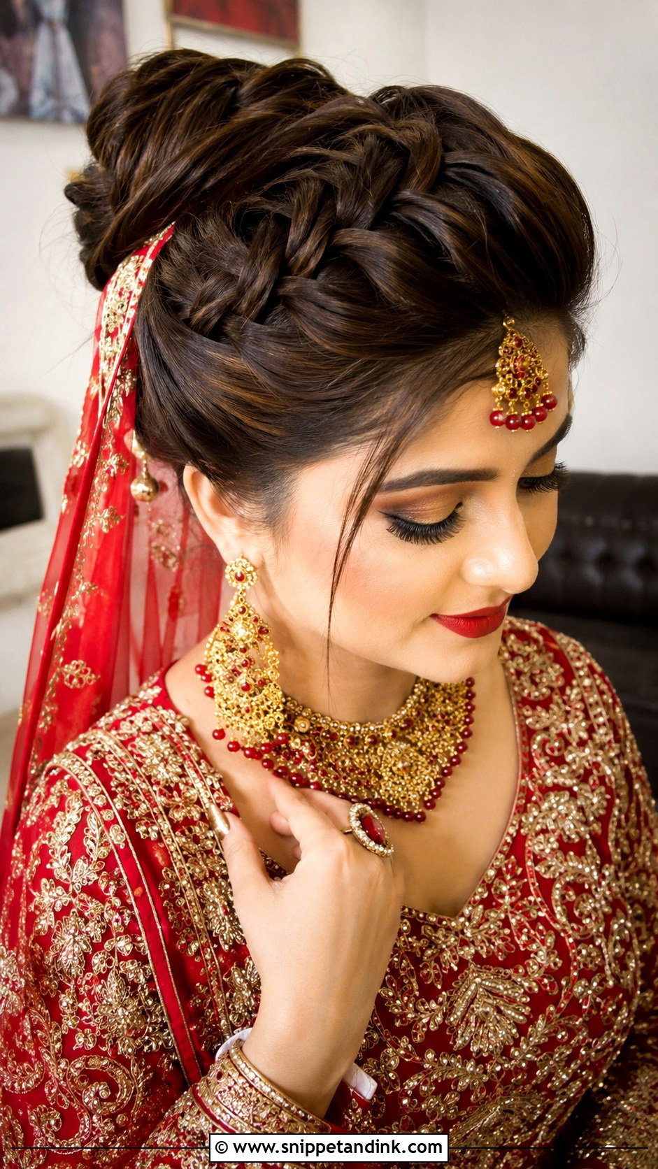 Dutch Braid With High Bun - Snippet and Ink - 20 Pakistani Bridal Hairstyles with Dupatta