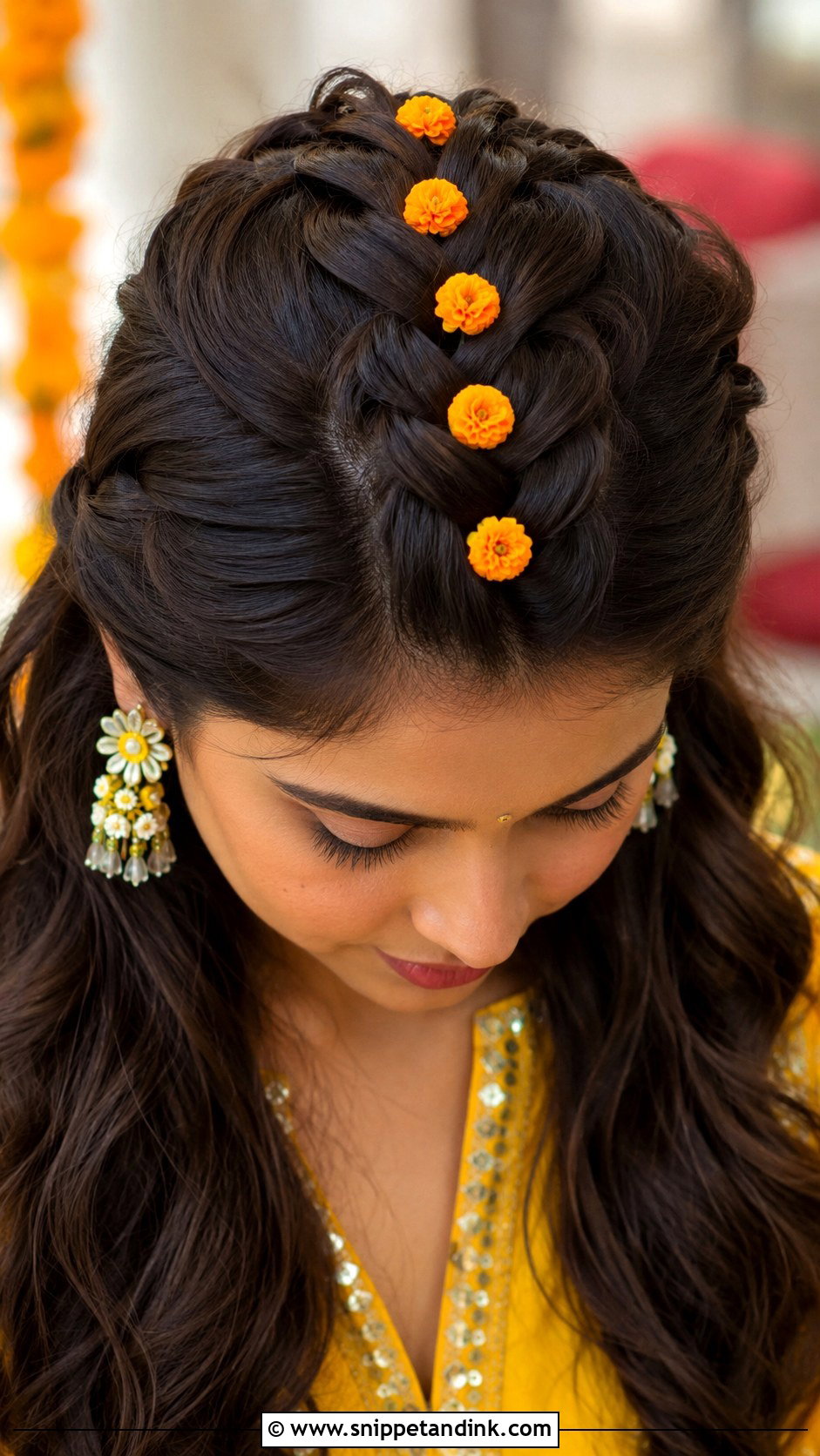 Dutch Braid With Marigolds - Snippet and Ink - 25 Hairstyles for Haldi Ceremony