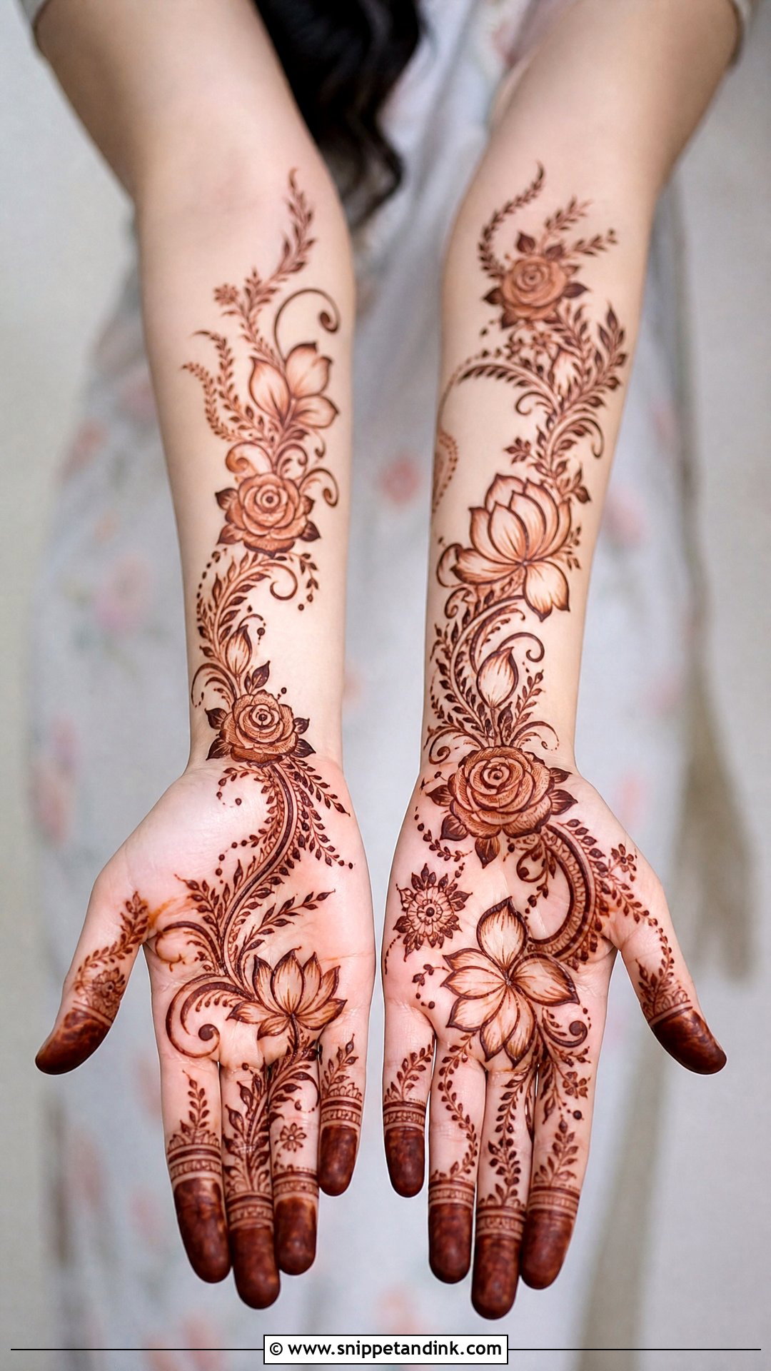 Easy Bridal Mehndi Design With Floral Trail - Snippet and Ink - 20 Easy Bridal Mehndi Designs