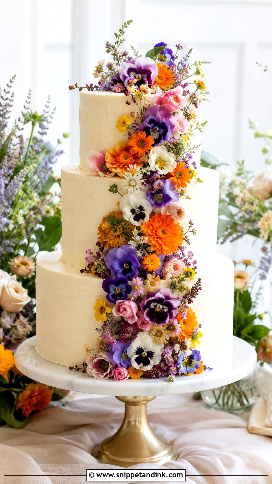 Edible Flower Cascade Wedding Cake - Snippet and Ink - 20 Edible Flowers on Cake Ideas for Wedding