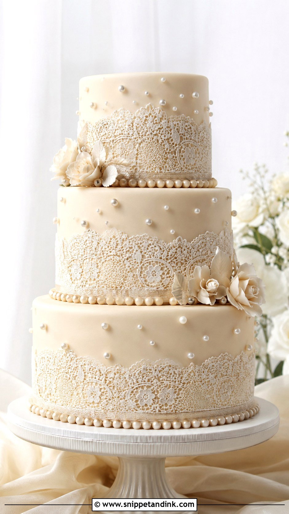 Edible Lace And Pearl Wedding Cake - Snippet and Ink - 20 Feminine Cake Ideas for Wedding