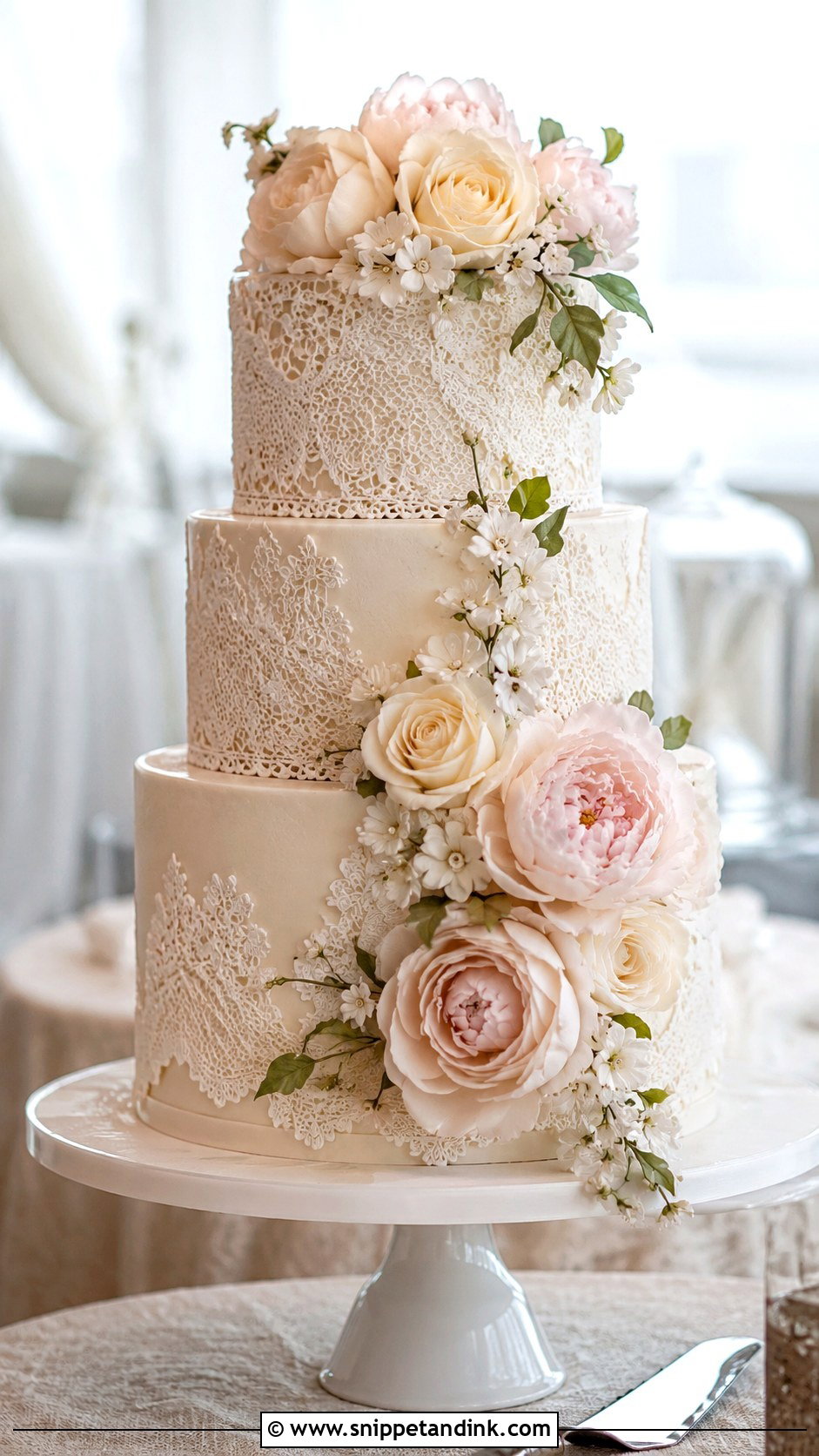 Edible Lace Wedding Cake With Sugar Flowers - Snippet and Ink - 25 Lace Wedding Cake Ideas with Flowers