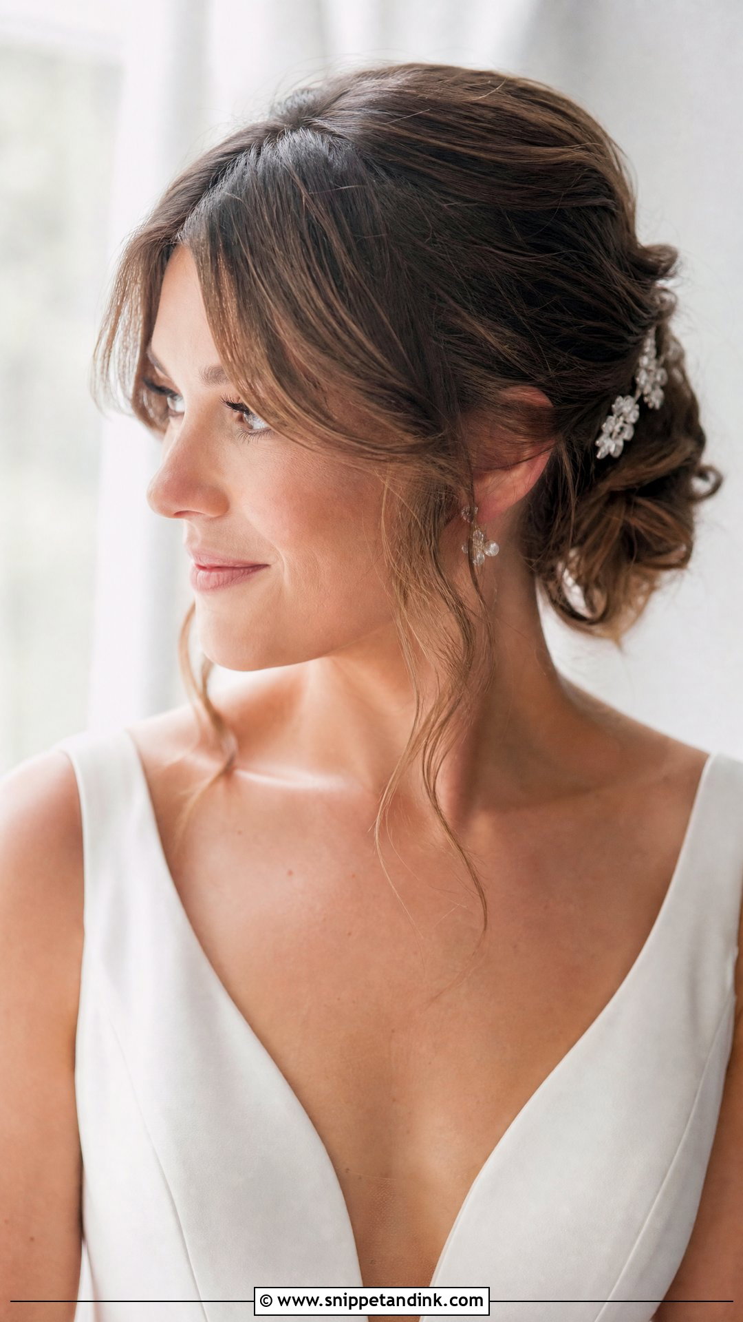 Effortless Updo With Curtain Bangs - Snippet and Ink - 20 Wedding Hair Inspo Ideas