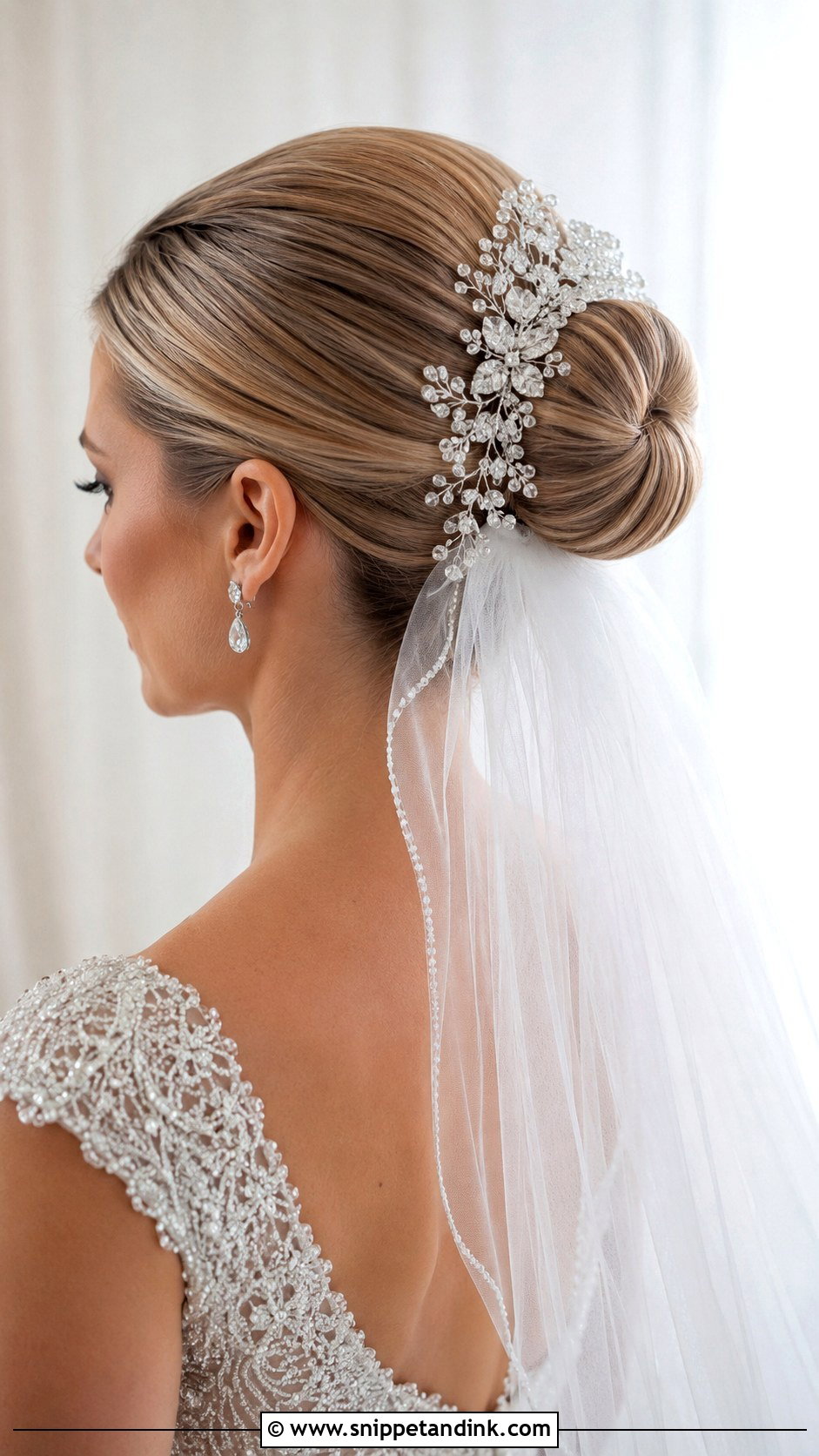Elegant Bun With Crystal Hairpiece And Veil - Snippet and Ink - 25 Updo with Veil Ideas