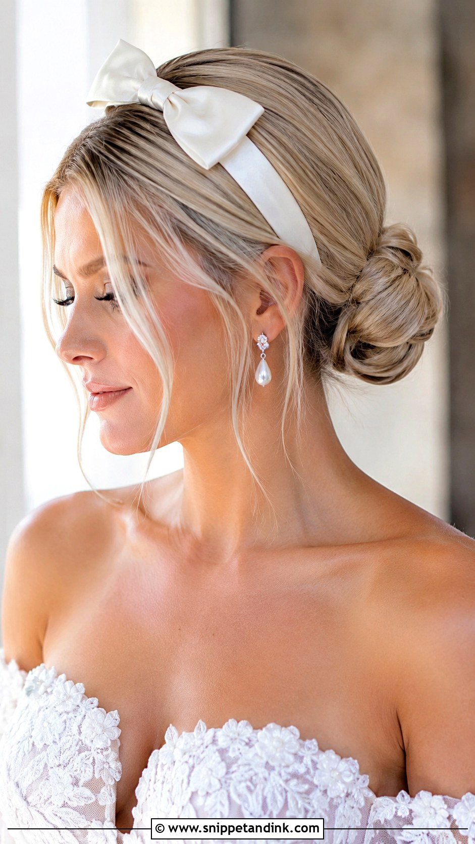 Elegant Chignon With Bow Headband - Snippet and Ink - 20 Bridal Updo with Headband Ideas