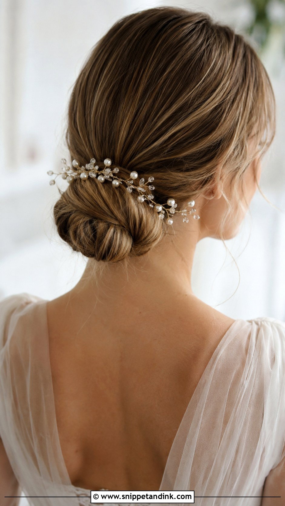 Elegant Low Bun With a Hair Vine - Snippet and Ink - 25 Simple Low Bun Wedding Hair Ideas