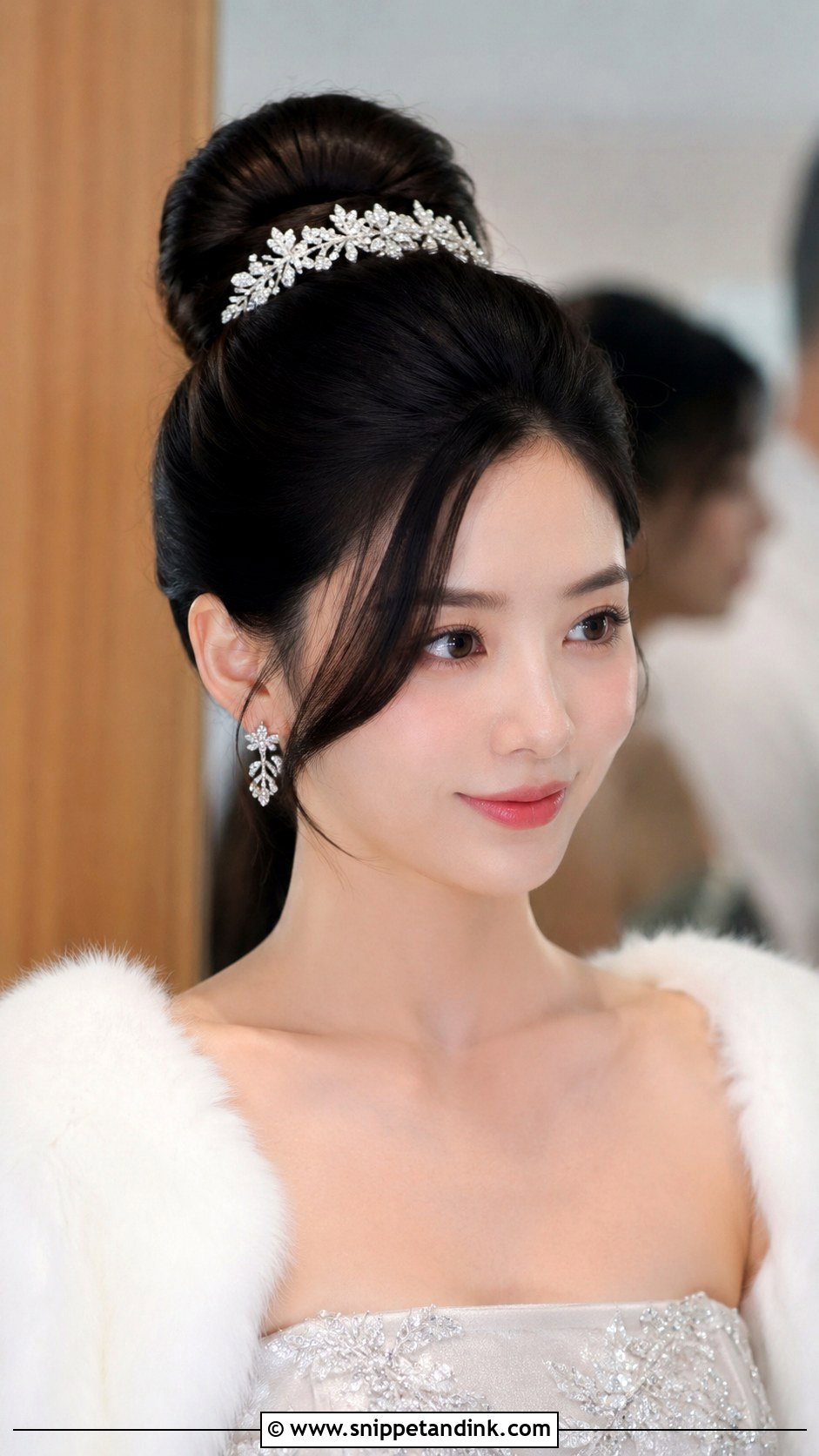 Elegant Top Knot With Side Bangs - Snippet and Ink - 20 Wedding Updo with Bangs Ideas