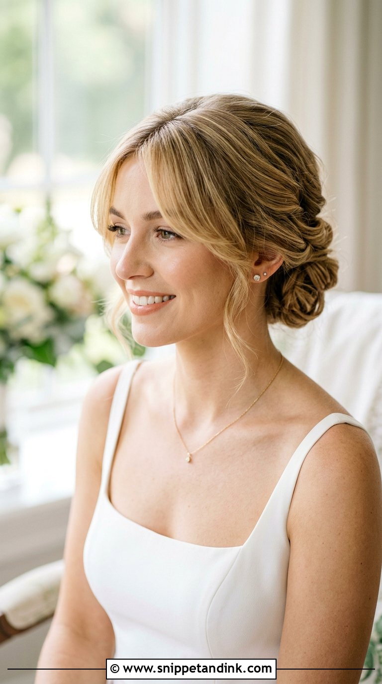 Elegant Updo With Curtain Bangs - Snippet and Ink - 20 Bridal Wedding Hair Updo Ideas